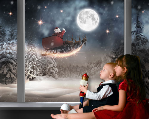 Young Children Watching Santa through a window