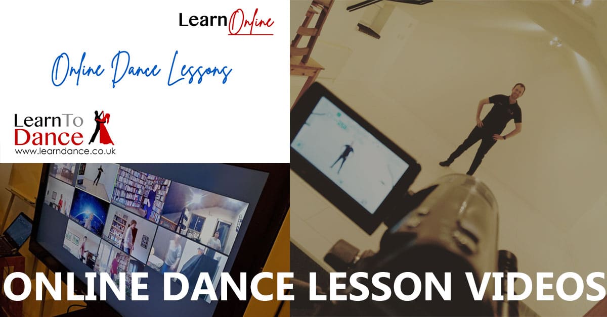 online dance lesson videos white text on a background of three images. Image 1 is the Learn To Dance logo with 'Learn Online' and 'Online Dance Lessons' text, image 2 is a TV screen with a grid of dancers on Zoom, image 3 is a video camera focusing on Antony recording a YouTube dance lesson corporate events