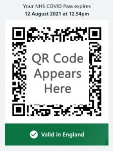 Example of COVID-pass.  Date it expires above a QR code area, with a green tick box below