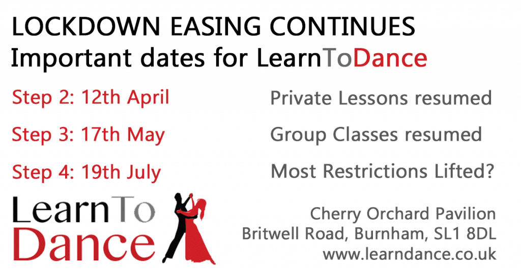 Details of dance school restriction easing dates. Step 2 12th April Private Lessons, Step 3 17th May Group Classes, Step 4 19th July most restrictions lifted? At the bottom is the Learn To Dance logo, address and website www.learndance.co.uk
