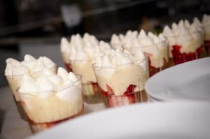 Close up of the champagne & strawberry jelly with black pepper creme anglaise dessert at our Valentine Dinner & Dance