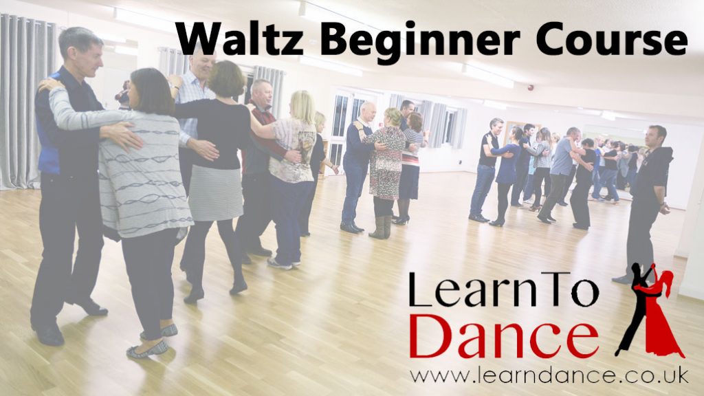 waltz beginner course text over a muted picture of dancers lined up during a class. Learn To Dance logo and website address in bottom right corner.