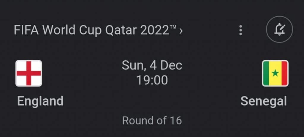 Screenshot of details of the England vs Senegal game on Sunday 4th December, for which we have cancelled our Sunday evening classes