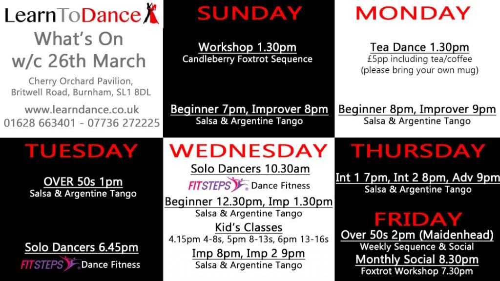 Schedule of the dances and classes we have this week