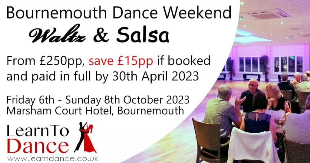 2023 Bournemouth Dance Weekend Break advert with text about our dance weekend and prices on the left hand side, and an image from our dance break on the right