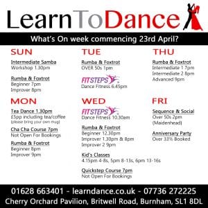 Schedule of what's on this week at Learn To Dance, commencing Sunday 23rd April 2023