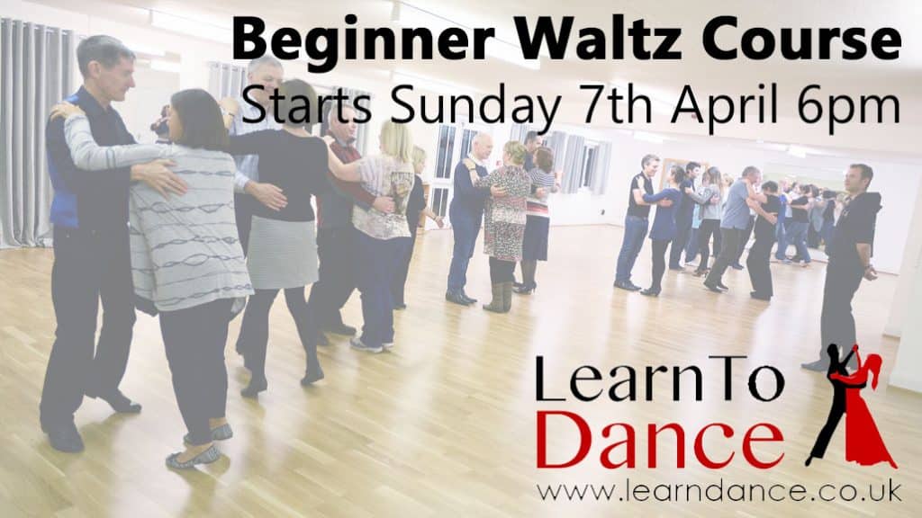 beginner waltz course overlaid text over pictures of a ballroom dance class
