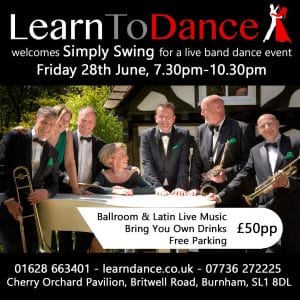 Advert for our Simply Swing Live Band Ballroom and Latin American dance social event on Friday 28th June 2024