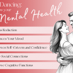A banner detailing some of the benefits of Ballroom dancing that will help your mental health on this awareness week.