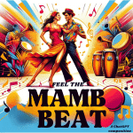 An image of a couple dancing mambo in brightly coloured clothing. Underneath the text Feel The Mambo Beat, then a small sub-heading of A ChatGPT Composition