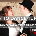 A picture of a smiling Antony & Emma in ballgown and top hat and tails. Overlaid the text "Learn To Dance turns 20" over "Grand Gala Celebration" and "Saturday 4th July Dorney Lake". The Learn To Dance logo is in the bottom right hand corner