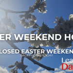 Cherry Blossom on the background of a sunny blue sky. Overlaid the text "Easter Weekend Hours" over "Closed Easter Weekend" and "Back from Tuesday" and the Learn To Dance logo in the bottom right corner