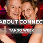 A smiling couple in red & black, in a ballroom dance hold, with the Learn To Dance logo in the top-right corner. The text "All About Connection" and "Tango Week" "plus Samba recap" text overlays