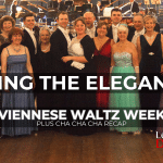 A collection of Learn To Dance students dressed in white tie and ballgowns at the Oxford Town Hall. The text "Bring The Elegance" above "Viennese Waltz week" and "plus Cha Cha Cha recap". The Learn To Dance logo is in the bottom right corner